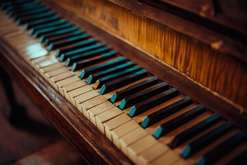 Old wooden piano keys close-up showcasing intricate craftsmanship and vintage charm