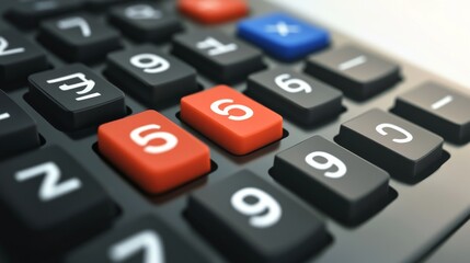 Close-up view of a calculator with colorful buttons for calculations and operations in a modern office setting.