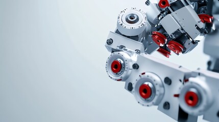 Close-up view of a mechanical robotic arm, showcasing advanced engineering and precise components with a modern design.