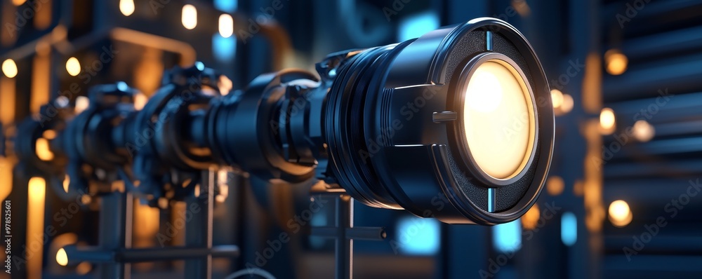 Aufkleber close-up view of a modern spotlight illuminating a dark environment, showcasing sleek design and tec