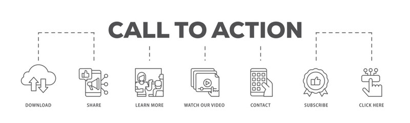 Call to action infographic icon flow process which consists of  click here, watch our video, subscribe, contact, learn more, share, download icon live stroke and easy to edit 
