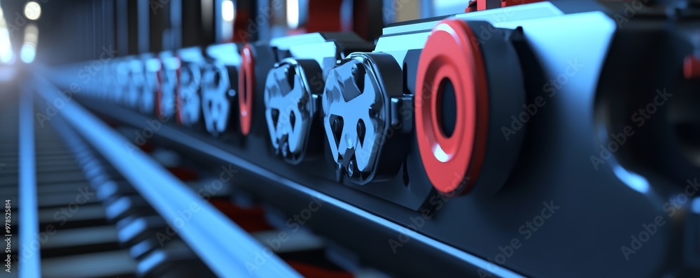 Poster close-up view of industrial machinery components, emphasizing precision engineering and modern desig