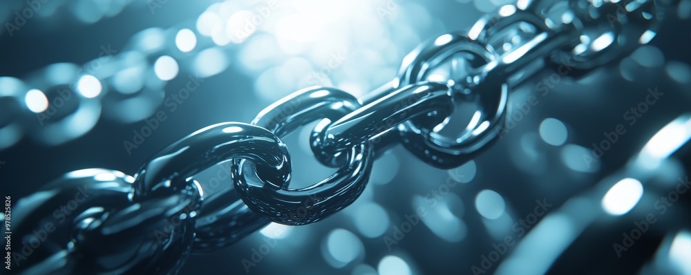 Poster close-up view of metallic chain links glistening in light, showcasing strength and connection in an 