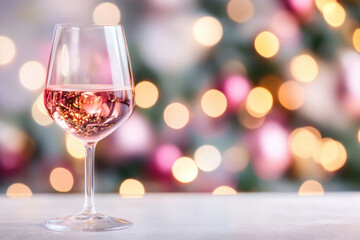A glass of wine is sitting on a table with a Christmas tree in the background