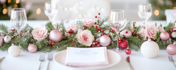 A table with a white tablecloth and a pink floral arrangement with a pink