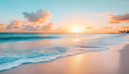 Fototapeta premium Crystal-clear turquoise waters with gentle waves lapping at a pristine beach under a golden sunset