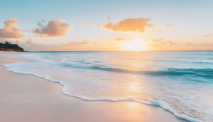 Obraz premium Crystal-clear turquoise waters with gentle waves lapping at a pristine beach under a golden sunset