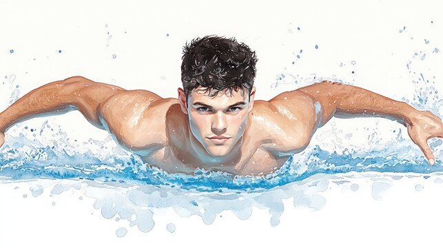 Watercolor Depiction of Focused French Swimmer in Pool Showcase Strength and Skill
