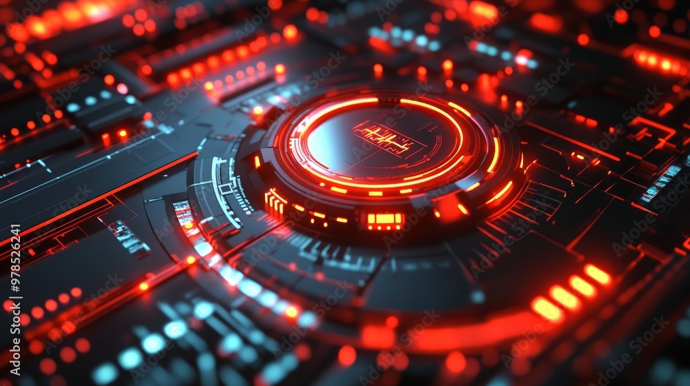 Poster futuristic circuit board design with glowing red elements, showcasing advanced technology and digita