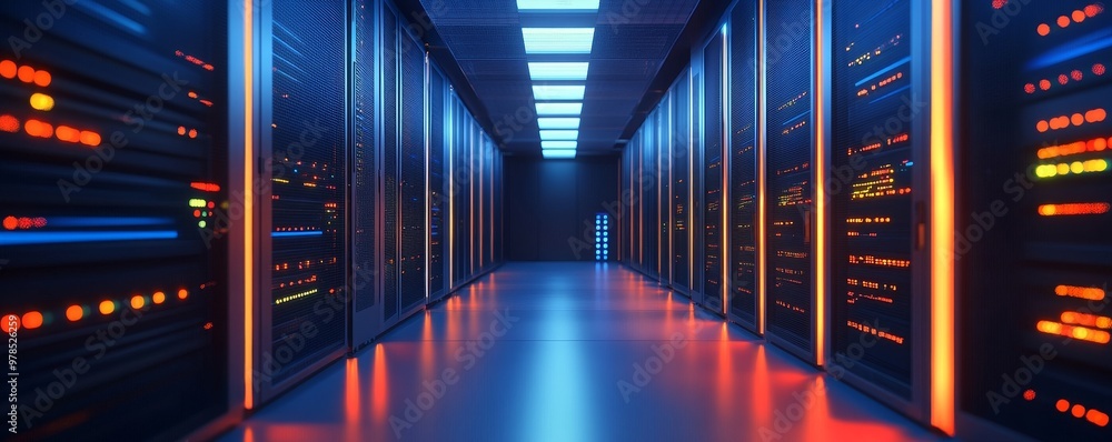Poster futuristic data center corridor with illuminated servers, showcasing advanced technology and modern 