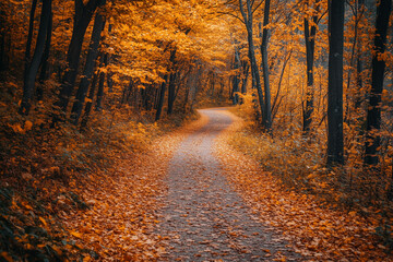 Obraz premium A winding forest path covered with golden autumn leaves, surrounded by vibrant fall foliage, offering a peaceful and scenic nature experience