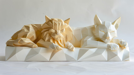 Geometric origami-style sculptures of a fox and a cat resting together on a white surface. Abstract style with a calm and serene atmosphere. Concept of peace and tranquility.