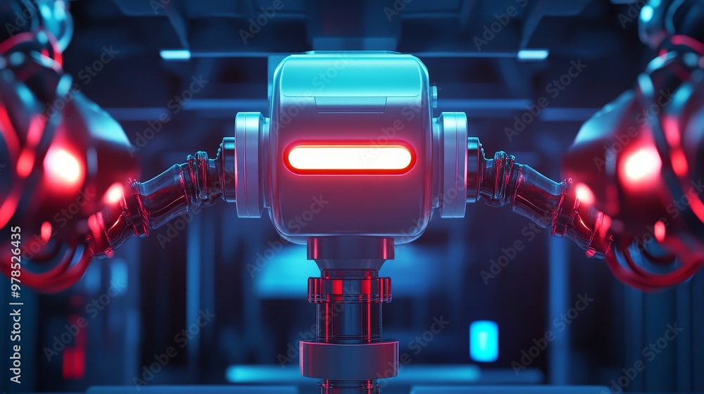 Poster futuristic robotic machine with glowing elements in a high-tech environment. ideal for technology an