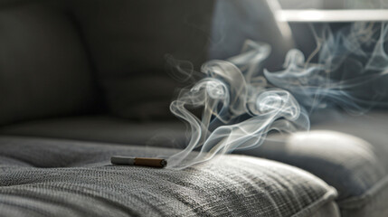 Lit cigarette with smoke left on the sofa. The danger and probability of a fire and a burning apartment. Home amartment insurance concept