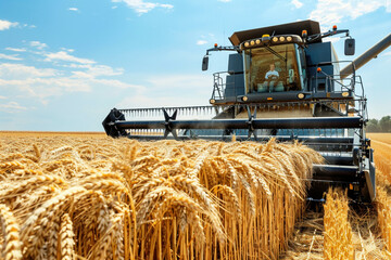 Fototapeta premium Agricultural activity and farming concept. Top view cCombine harvester harvesting ripe wheat on big wheat field and tractor 