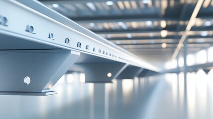 Obraz premium Modern industrial interior showcasing a sleek metal beam and bright, spacious environment with a futuristic design.