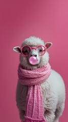 Fototapeta premium Adorable alpaca wearing pink sunglasses and scarf, blowing bubblegum, against a bright pink background.