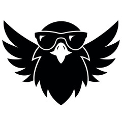 The bird appears to be an eagle, with its wings spread out and its head facing towards the left side of the image. It has a pair of sunglasses on its face