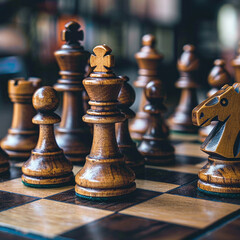 Close up of chessboard with beautifully crafted wooden chess pieces