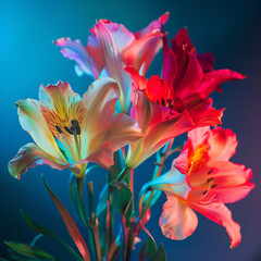 Naklejka premium Floral arrangement of Alstroemeria flowers illuminated with soft multicolored lighting