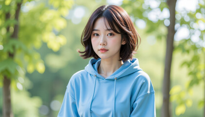 Fototapeta premium A serene young woman in a blue hoodie stands in a sunlit park, surrounded by greenery, capturing a moment of tranquility.