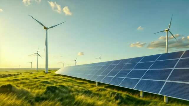 Renewable Energy: Solar Panels and Wind Turbines in a Green Field