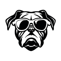 a dog's head. The dog appears to be a boxer or a similar breed, with a wrinkled face and a pointed nose. It is wearing large, round sunglasses with a white frame and dark lenses