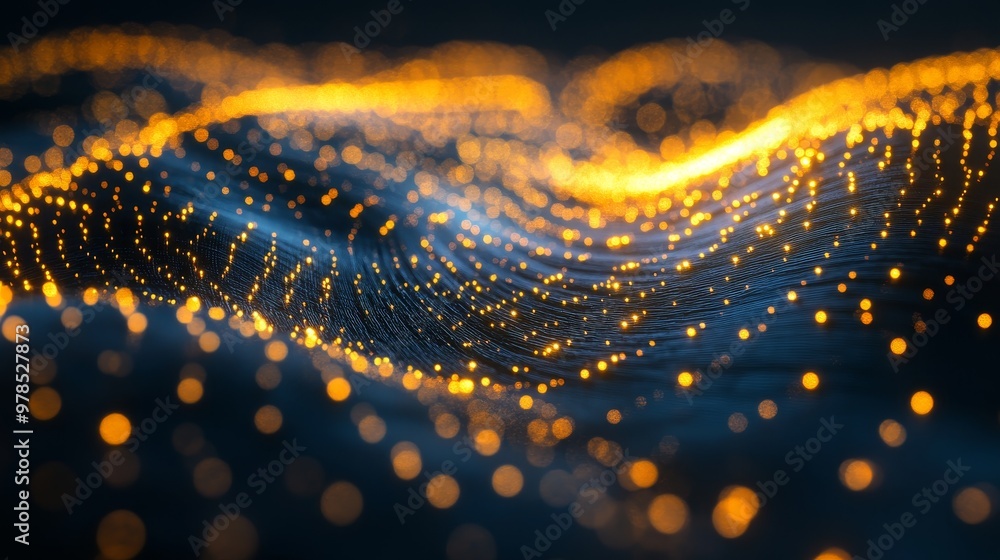 Poster vibrant wave of glowing particles creates a mesmerizing visual effect, ideal for tech or abstract ba