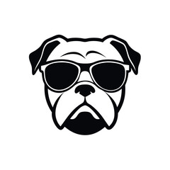 a dog's head. The dog appears to be a boxer or a similar breed, with a wrinkled face and a pointed nose. It is wearing large, round sunglasses with a white frame and dark lenses
