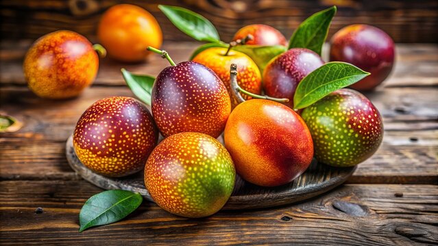 A vibrant, plum-sized alucha fruit with swirly patterns of orange, yellow, and green, ripened to perfection on a rustic wooden table.