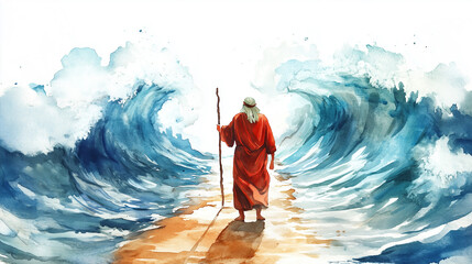 watercolor illustration of Moses parted the Red Sea on white background