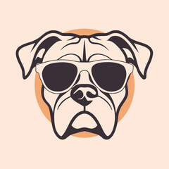 a dog's head. The dog appears to be a boxer or a similar breed, with a wrinkled face and a pointed nose. It is wearing large, round sunglasses with a white frame and dark lenses