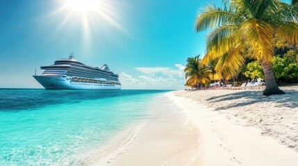 Fototapeta premium A serene beach scene with a cruise ship and palm trees under a bright sun.