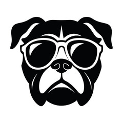 a dog's head. The dog appears to be a boxer or a similar breed, with a wrinkled face and a pointed nose. It is wearing large, round sunglasses with a white frame and dark lenses