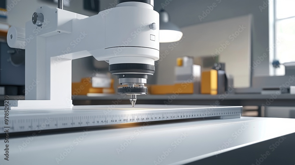 Poster a close-up view of a modern microscope with advanced optics in a clean workspace, ideal for scientif