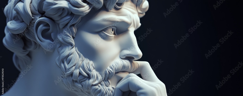 Poster a close-up view of a thoughtful sculpture, capturing intricate details and expressions in a serene l