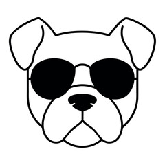a dog's head. The dog appears to be a boxer or a similar breed, with a wrinkled face and a pointed nose. It is wearing large, round sunglasses with a white frame and dark lenses
