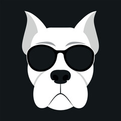 a dog's head. The dog appears to be a boxer or a similar breed, with a wrinkled face and a pointed nose. It is wearing large, round sunglasses with a white frame and dark lenses