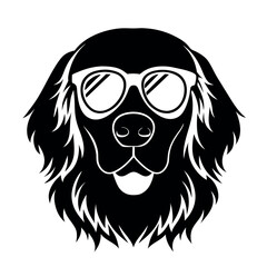 a black and white illustration of a Golden retriever dog's head. The dog appears to be a Newfoundland or a similar breed, with a long, shaggy coat and a round face