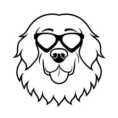 a black and white illustration of a Golden retriever dog's head. The dog appears to be a Newfoundland or a similar breed, with a long, shaggy coat and a round face