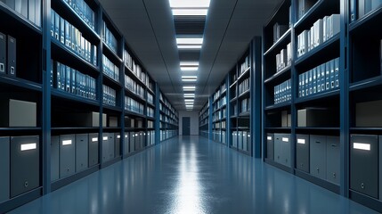 A modern archive featuring organized shelves filled with folders, creating a clean and efficient storage environment.