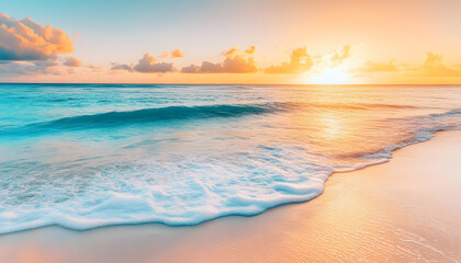 Fototapeta premium Crystal-clear turquoise waters with gentle waves lapping at a pristine beach under a golden sunset