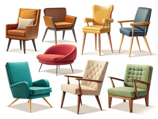Stylized illustrations of mid-century modern chairs in various textures and colors against a clean white background for interior design visualizations.