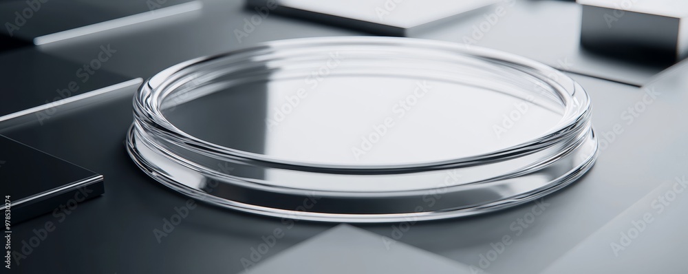 Poster a modern glass surface showcasing a circular shape, perfect for product display or abstract design u