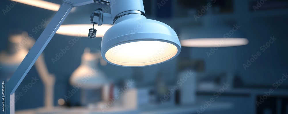 Poster a modern desk lamp illuminating a workspace, creating a cozy atmosphere with soft light in a stylish