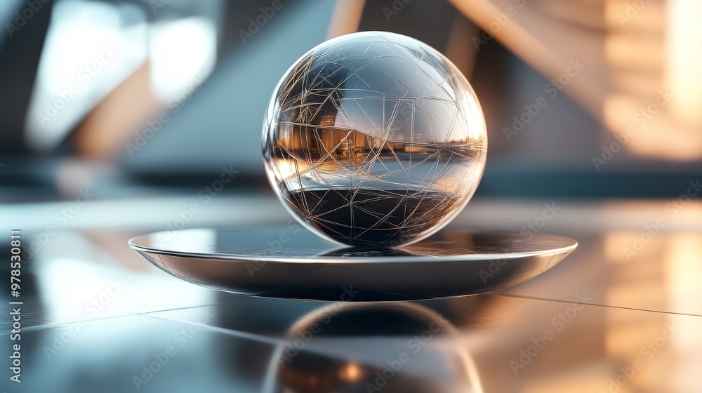 Poster a reflective geometric sphere rests on a sleek surface, creating an artistic interplay of light and 