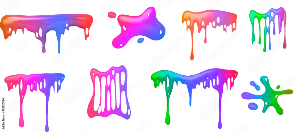 Poster rainbow colored slime mucus drip. realistic 3d vector illustration set of sticky liquid toxic spooky