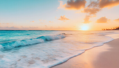 Obraz premium Crystal-clear turquoise waters with gentle waves lapping at a pristine beach under a golden sunset