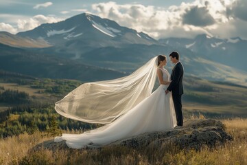 Bride and groom pose in front of a majestic mountain, with a flowing veil creating a dreamy, romantic scene.