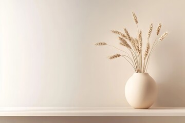 A minimalist vase with dried wheat stems displayed on a simple shelf against a light-colored wall in a serene interior setting. Generative AI